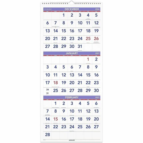 Wall Calendar, 14 Months Dec-Jan, 3MPP, 12" x 27", White