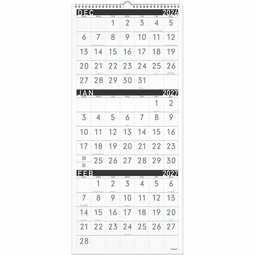 Monthly Wall Calendar, 14 Months Dec-Feb, 12"x27-1/8", Black