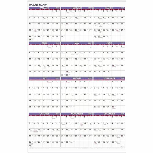 Yearly Wall Calendar, 12 Months Jan-Dec, 24"x36", Beige/Red Ink