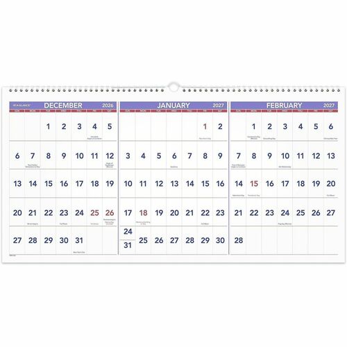 Horizontal Wall Calendar, 15 Months, Dec-Feb, 3MPP, 23-1/2" x 12"