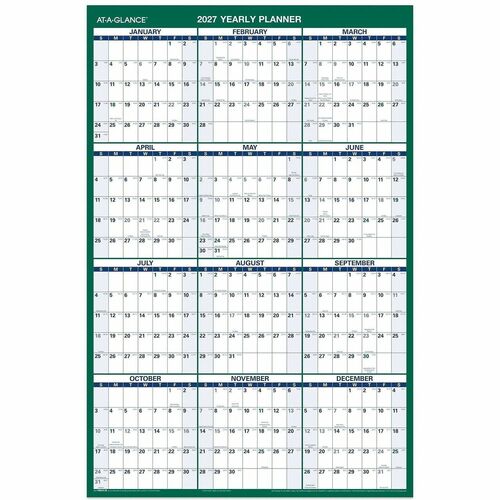 Erasable Wall Calendar, Vertical, 2-Sided, 24" x 36", Green/Blue