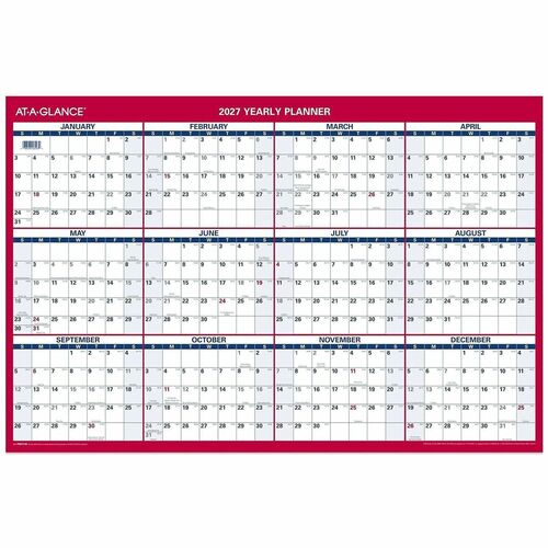 Wall Calendar, 2-Sided, Horz/Vert, 12 Months, 36" x 24", Red/Blue