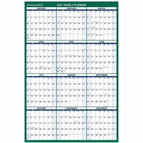 Erasable Wall Calendar, Vertical, 2-Sided, 32" x 48", Green/Blue