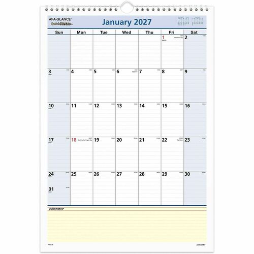 Notes Monthly Wall Calendar, 12 Months Jan-Dec, 1 Page Per Month, 12"x17"