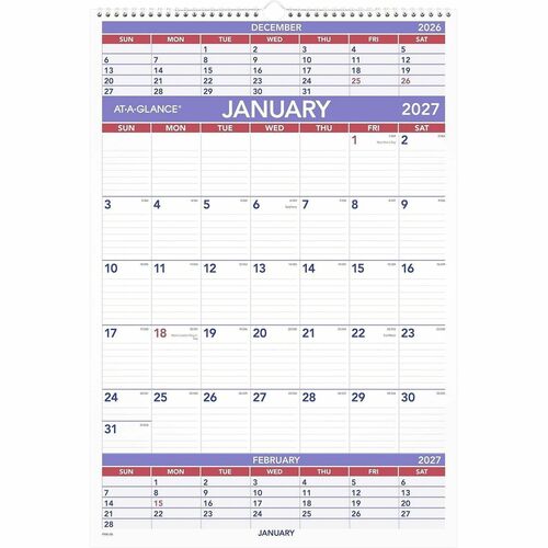 3-Mth Wall Calendar, Wirebound, Jan-Dec, 15-1/2"x22-3/4", Beige/Red