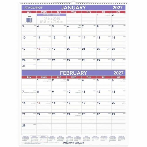 Wall Calendar, 12 Months, Jan-Dec, 2MPP, 22"x29", Blue/Red