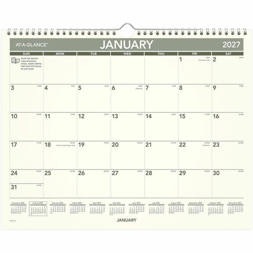 Monthly Wall Calendar, 12-Month Jan-Dec, 15" x 12", Cream/GN