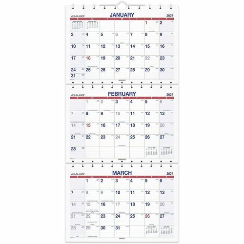Wall Calendar, 3 Month View, 14 Month December-January, Cream