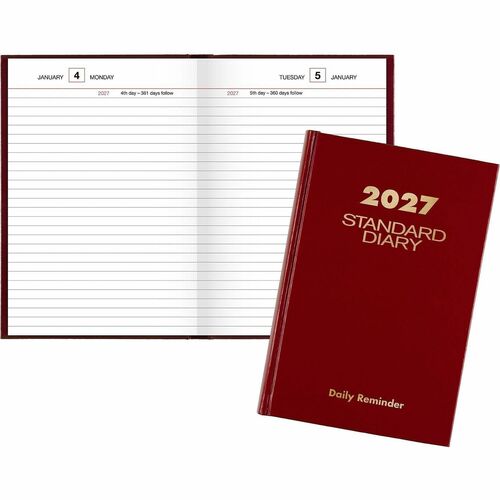 Daily Reminder Business Diary, Jan-Dec, 1 Per Day, 5" x 7-1/2", Red