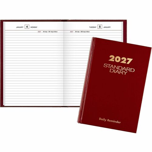 Daily Reminder Business Diary, Jan-Dec, 1 Page Per Day, 5-3/4" x 8-1/4", Red