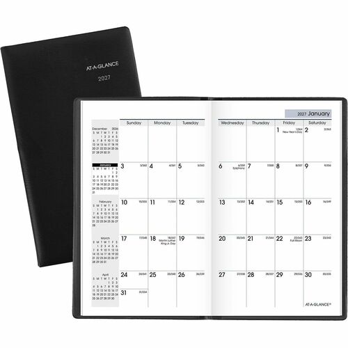 Pocket Monthly Planner, 14 Month, 2 PPM, 3-5/8" x 6-3/16", Black