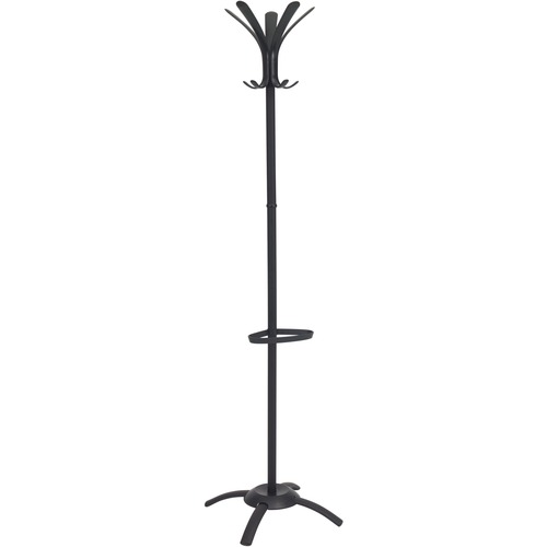 Coat Stand, 10 Coat Pegs, 4 Umbrella Holder, 68" H, Black