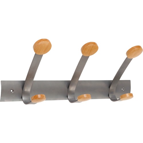 Coat Rack, Wall Mount, 3 Hooks, 22 lb Cap, Silver/Wood