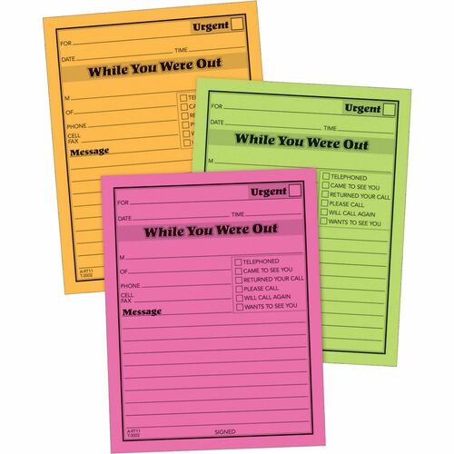 Message Pad, "While You Were Out", 4" x 5-1/2", Neon AST 6/PK