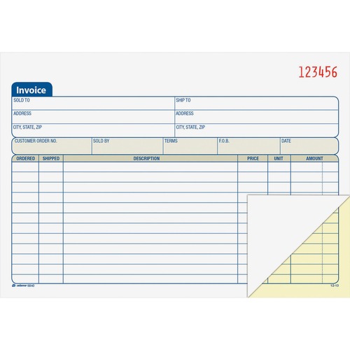 Invoice Book, 2-Part, Carbonless, 8-7/16" x 5-9/16", 100 Sheet, Blue Edge/White Edge