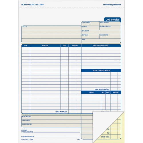 Job Invoice Form, 2-Part, Corbels, 8-1/2" x 11-7/16", 200 Sheet, BE/WE