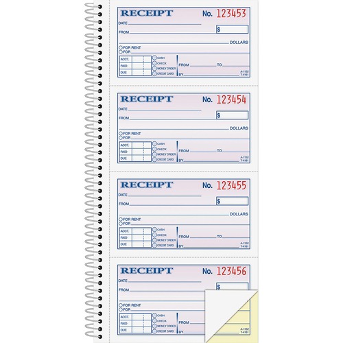Money Receipt Book, Spiral, 2-Part, 5-1/4" x 11", 200 Sheet, White/Canary