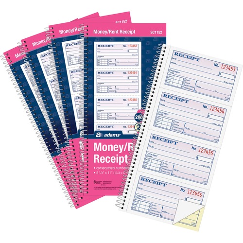 Money Receipt Book, Spiral, 2 Point, 200 Sheets, 7-5/8" x 11", White/Canary 5/PK