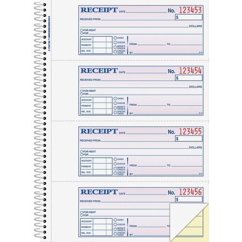 Money Receipt Book, Spiral, 2-Part, 7-5/8" x 11", 200 Sheet, WE/CA