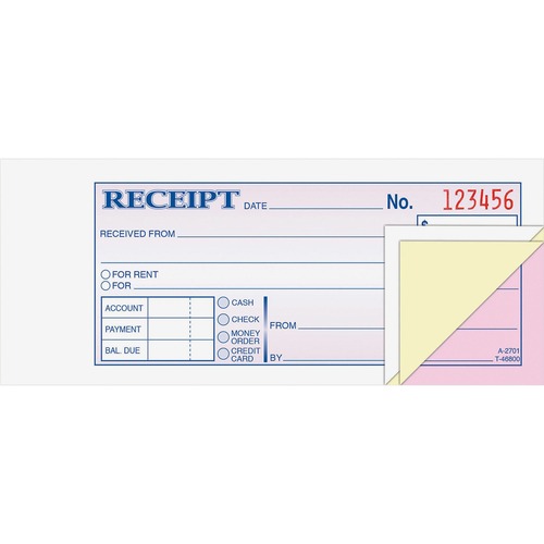 Receipt Book, Carbonless, 3-Part, 2-3/4" x 7-3/16", Multi