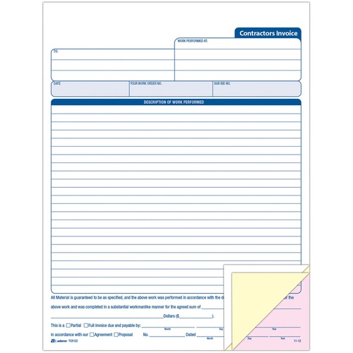 Contractors Invoice, 3-Part, Carbonless, 8-3/8" x 11-7/16", 50 Sheet Book, White