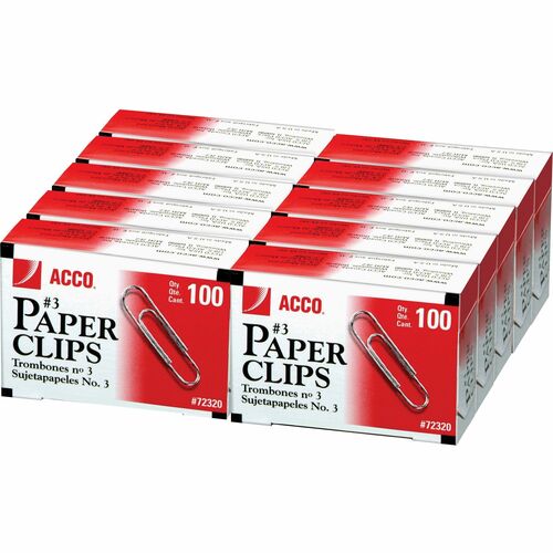 Paper Clips, Plain, No. 3 Size, Steel, 100/BX Per Pack 10/PK