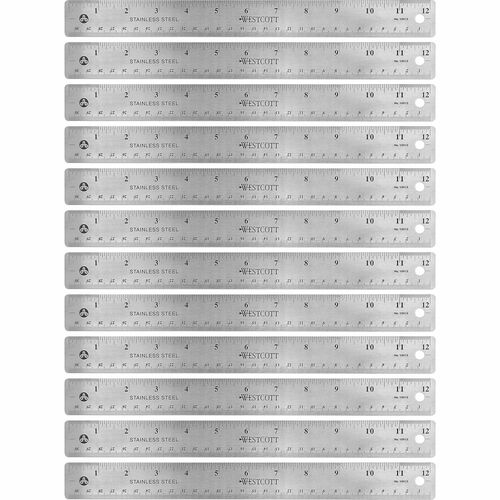 Rulers, 12" L, Stainless Steel, Nonslip Cork Back, Silver 12/BX
