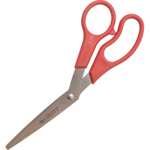 Bent Scissors, 8" Length, Stainless Steel/Red Plastic Handles