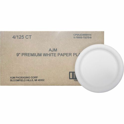 Plates, Coated Paper, Round, 9" Dia, White 125/PK