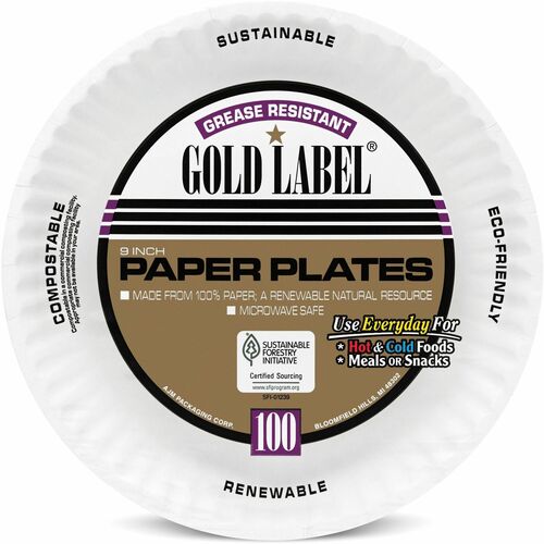 Plates, Paper, 9" Dia, White 100/PK