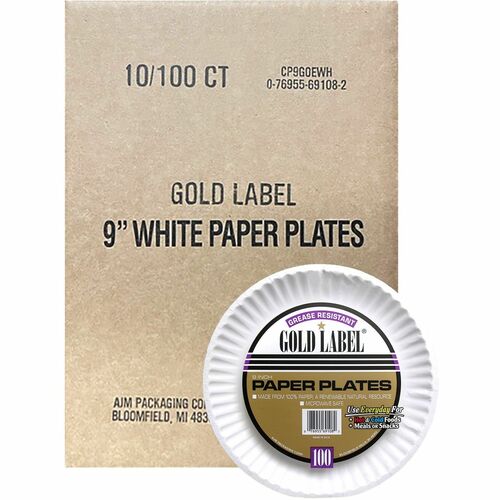 100 Plates, Paper, 9" Dia, White 10/CT