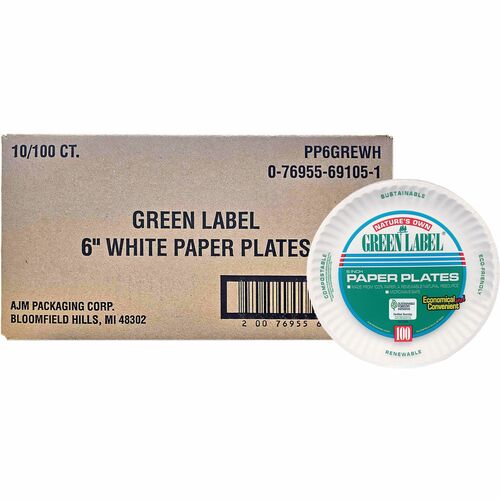Paper Plates, Uncoated, 6" Plate, White, 100/BG Per Carton 10/CT