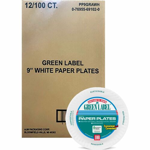Paper Plates, Uncoated, 9" Plate, White, 100/BG Per Carton 12/CT