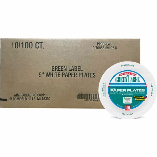 Paper Plates, Uncoated, 9", White, 100/PK Per Carton 10/CT