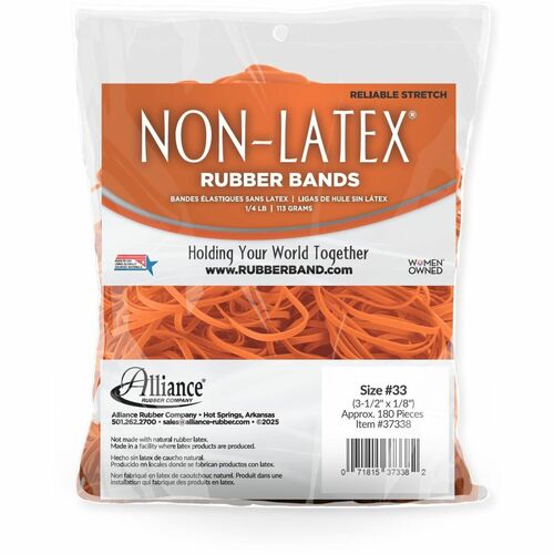 Rubber Bands, Latex-Free, 3-1/2" x 1/8", No.33, Orange, 1/4 lb.