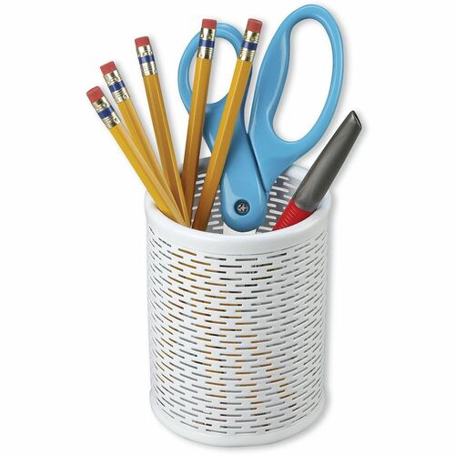Pencil Cup, Punched, Heavy Duty, With Feet, 4-1/2" H, 3-1/2" Dia, Steel, White