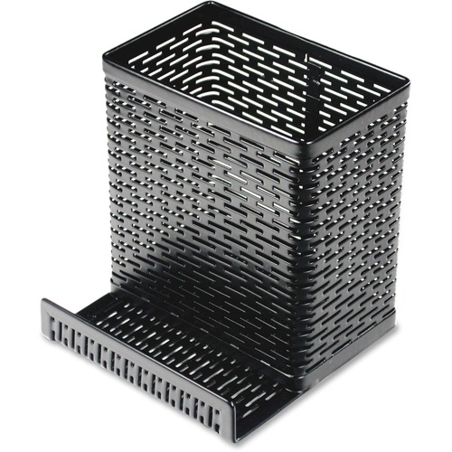 Pencil Cup with Cell Phone Holder, 3-1/2"x3-1/2"x4", Metal/Black