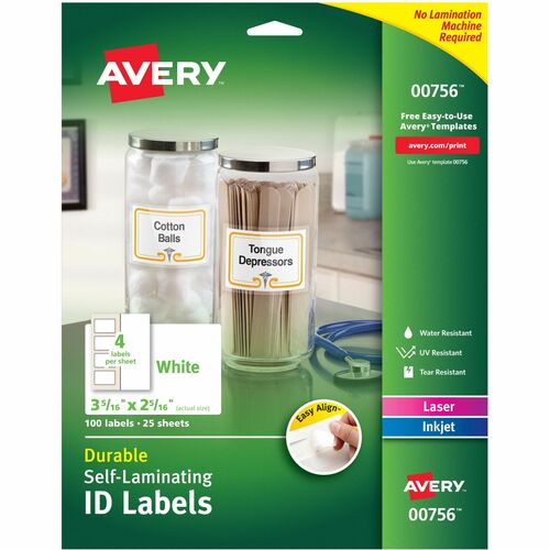 ID Labels, Self-Laminate, 4UP, 2-5/16"x3-5/16", White 25/PK