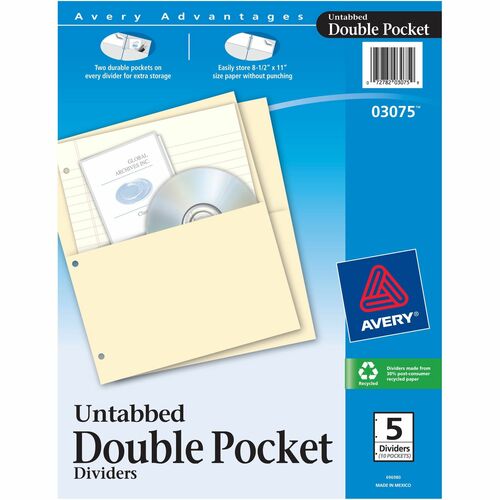 Untabbed Dbl Pocket Dividers, 3 Hole Punch, 9-1/4" x 11-1/8", Buff 5/PK