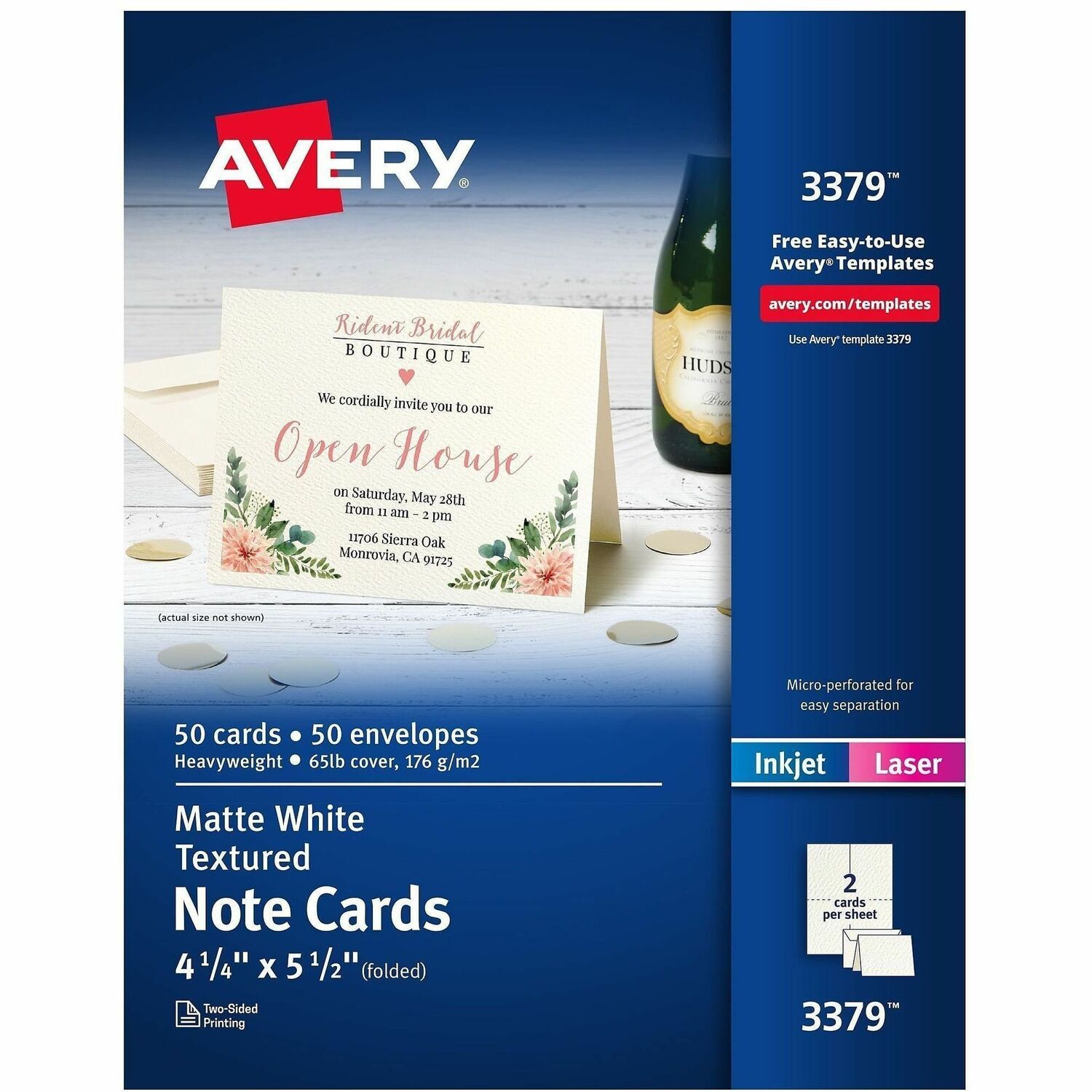 50 Note Cards, W/ Envelopes, Inkjet, 4-1/4" x 5-1/2", White 6/CT