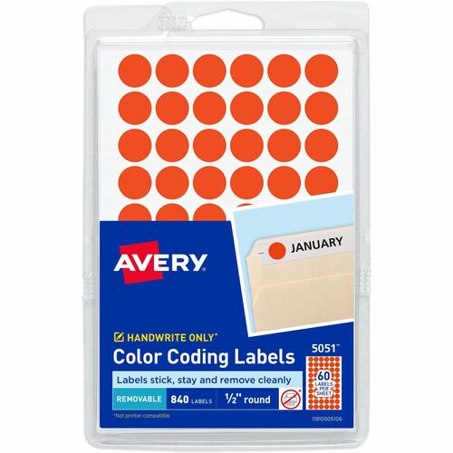 Labels, Removable, 1/2" Round, Neon Red 840/PK