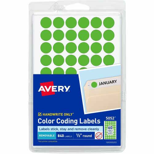 Labels, Removable, 1/2" Round, Neon Green 840/PK