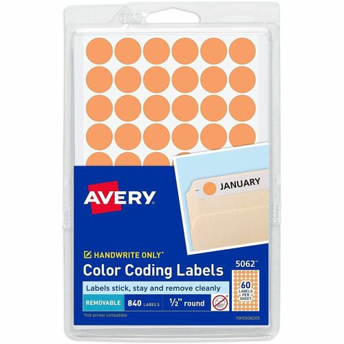 Labels, Removable, 1/2" Round, Neon Orange 840/PK