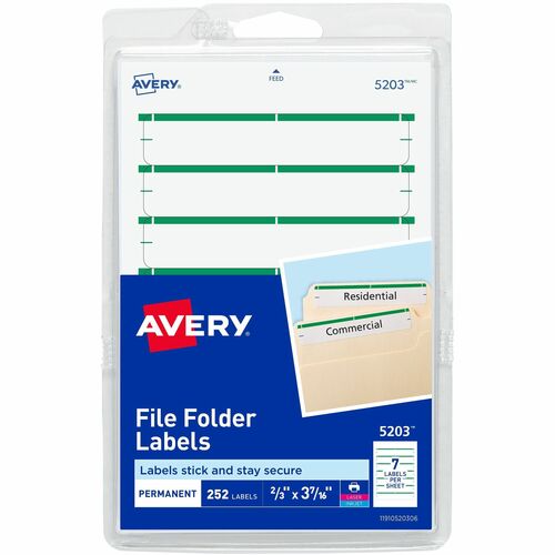 Filing Labels, Permanent, 11/16"x3-7/16", Green 252/PK