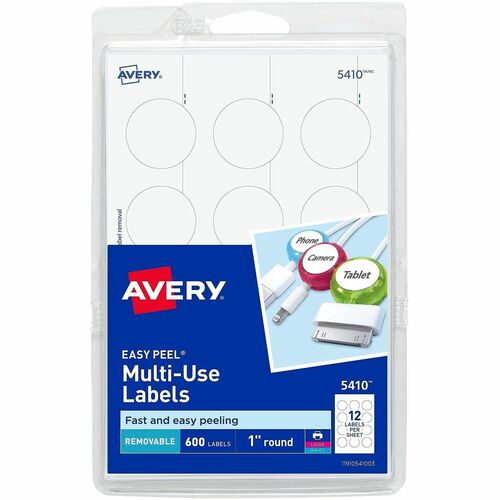 Multi-Use Labels, Laser/Inkjet, Round, 1", White 600/PK