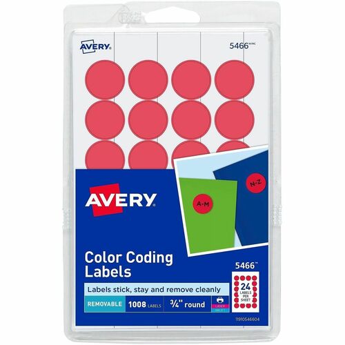 Removable Labels, 3/4" Round, Red 1008/PK