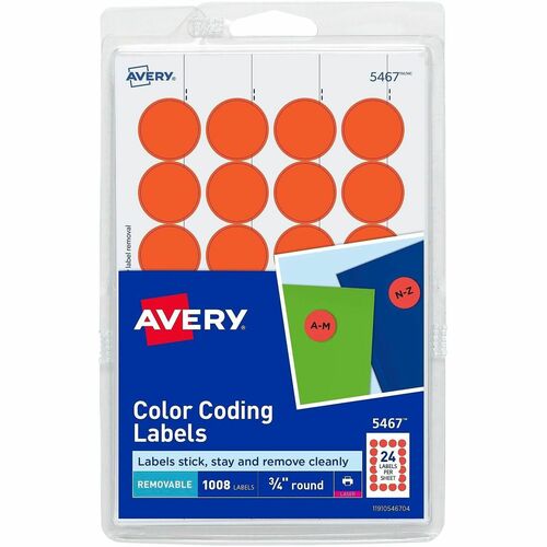 Removable Labels, 3/4" Round, Red Neon 1008/PK