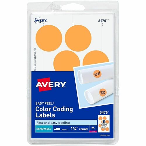 Removable Labels, 1-1/4" Round, Orange Neon 400/PK