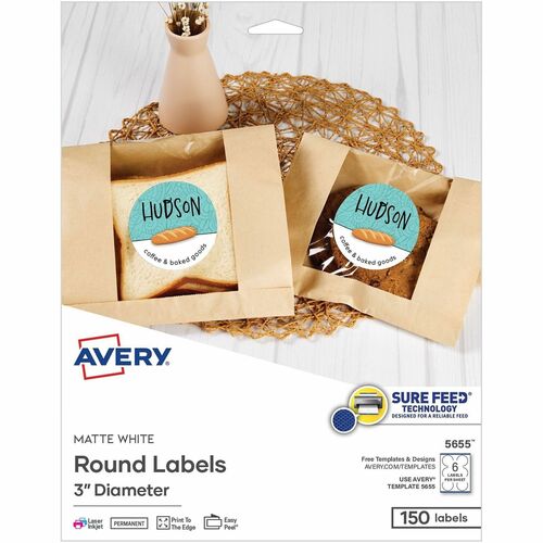 Labels, Round, SureFeed, Easy Peel, Inkjet & Laser, 3" 150/PK