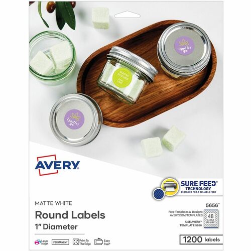 Labels, Round, SureFeed, Matte, Printer Safe, 1" Dia, White 1200/PK